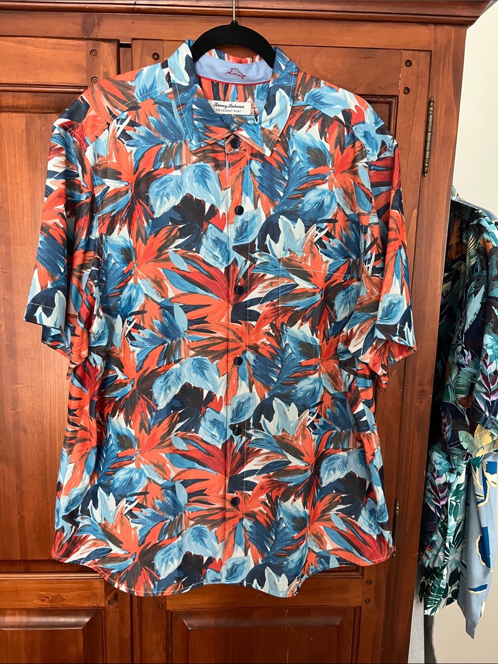 Tommy Bahama Coral and Blue Tropical Leaf Camp Shirt